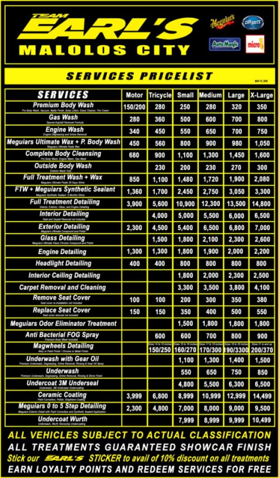 Team Earl's service pricing chart by vehicle class